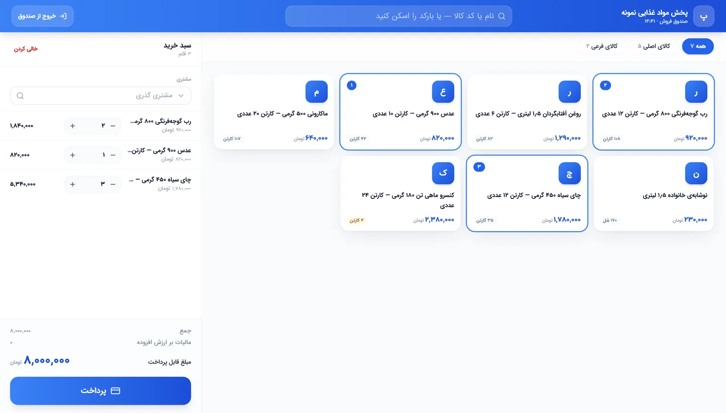 صندوق فروش مالیکس: کالاها با قیمت و موجودی، سبد خرید و مبلغ قابل پرداخت